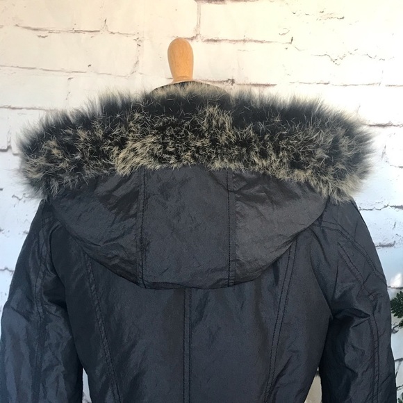 Laundry By Shelli Segal Black Fox Fur Trim hooded Parka Jacket Coat size small - Picture 6 of 10